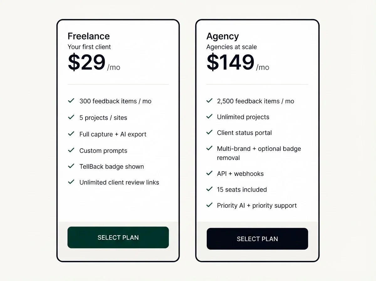 TellBack pricing tiers for Freelance and Agency plans