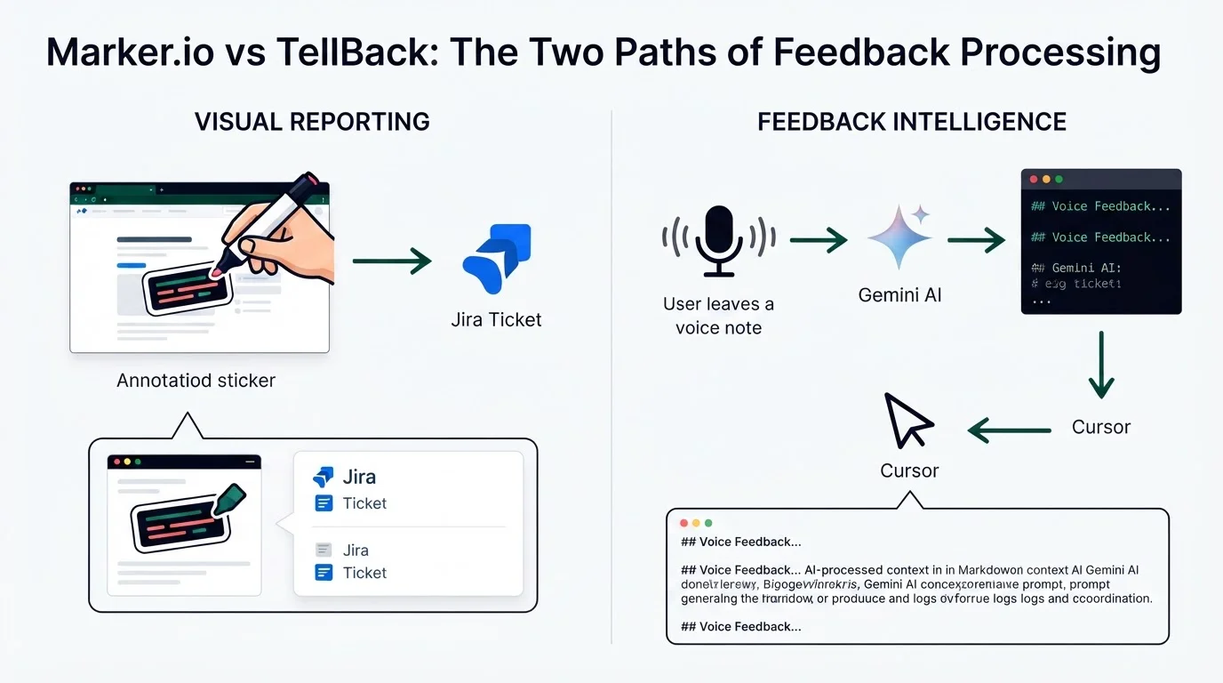 Comparison of Marker.io visual reporting and TellBack AI feedback intelligence workflows.